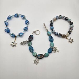 Star Of David Charm Beaded Bracelets Set Of 3 Blue Agate Glass Stones Judaica Ha